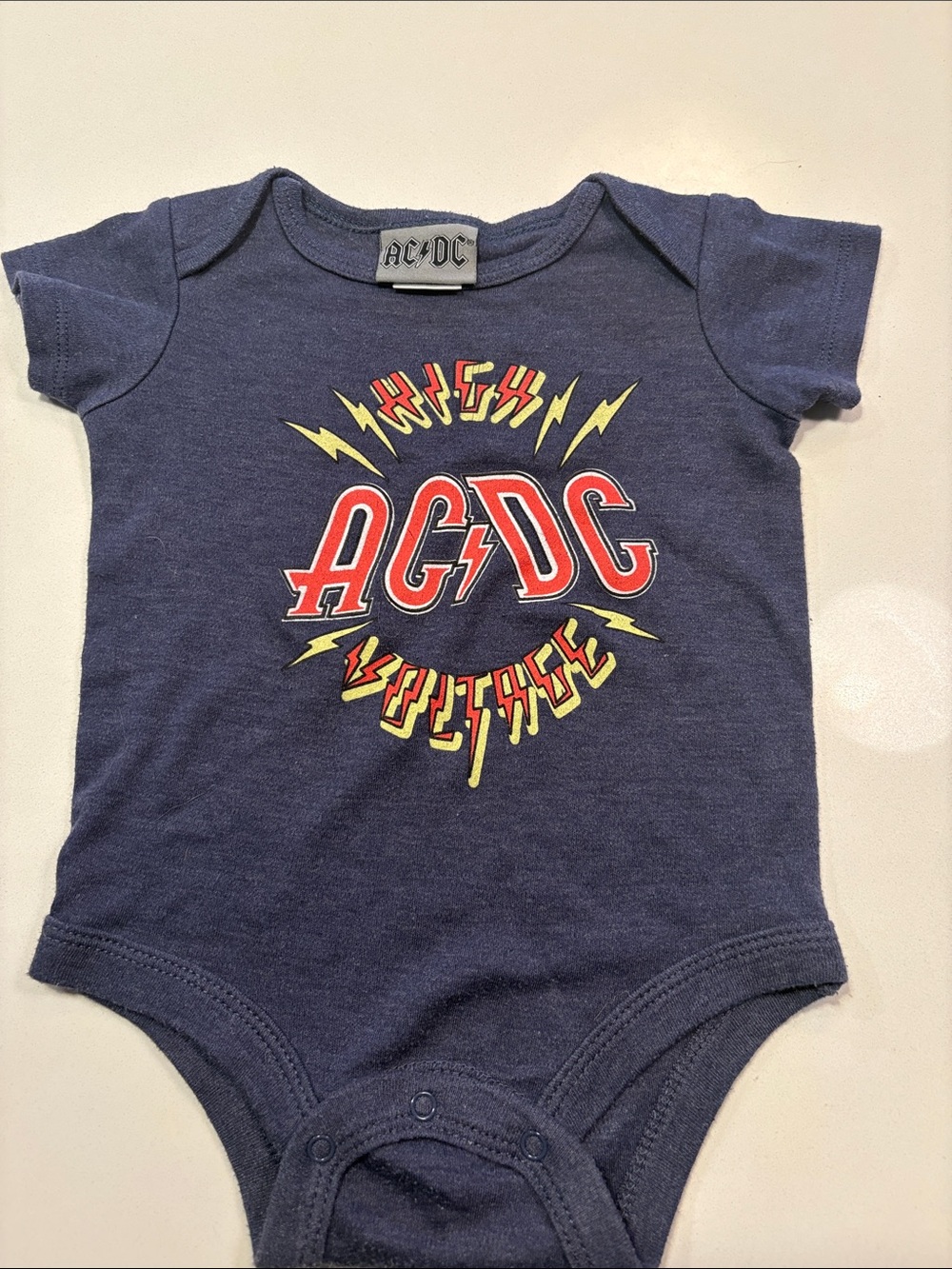 AC/DC Navy Blue Infant Rock Band Bodysuit with High Voltage Graphic